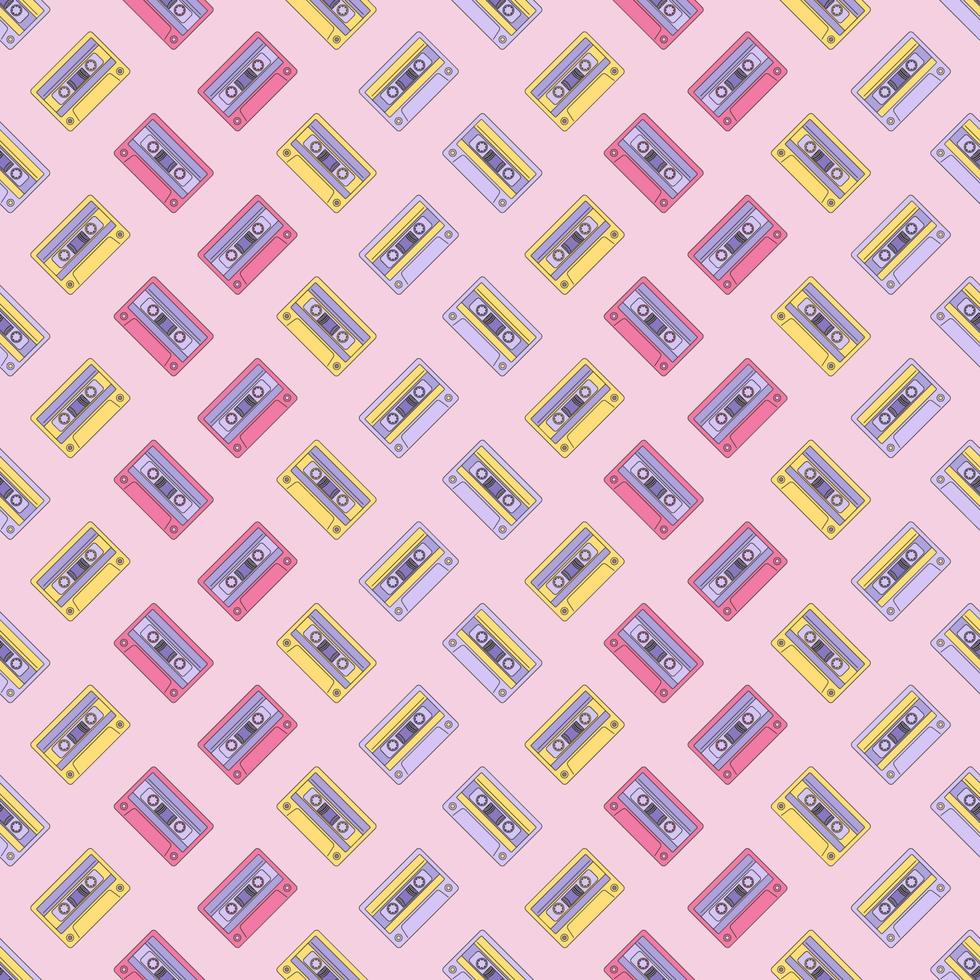 sömlös y2k mönster med 90 s mode trender. musik kassett på en rosa bakgrund. bakgrund för tapet, skriva ut, textil, tyg, förpackning. vektor illustration.
