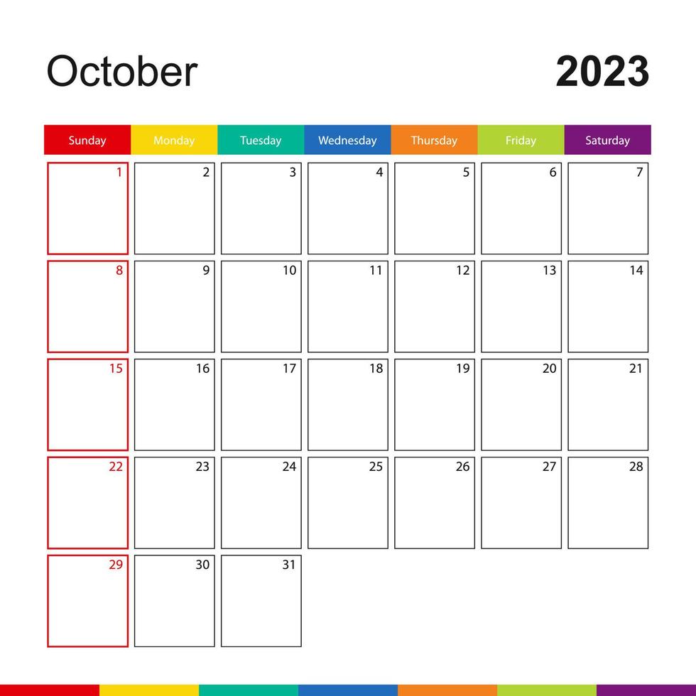 Oktober 2023 bunter Wandkalender, Woche beginnt am Sonntag. vektor