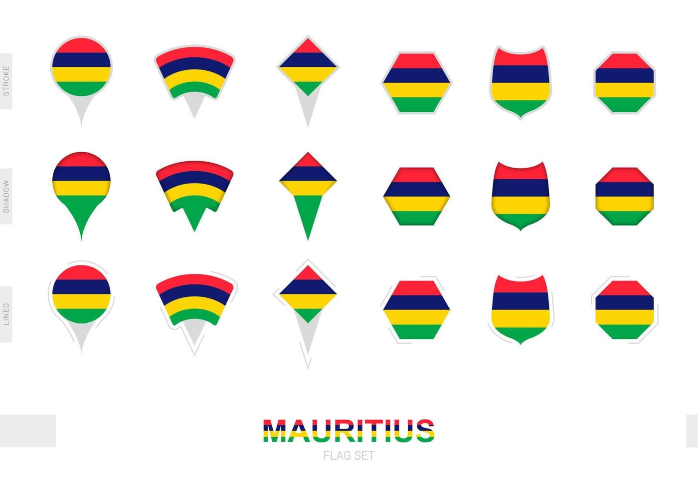 Sammlung der Mauritius-Flagge in verschiedenen Formen und mit drei verschiedenen Effekten. vektor