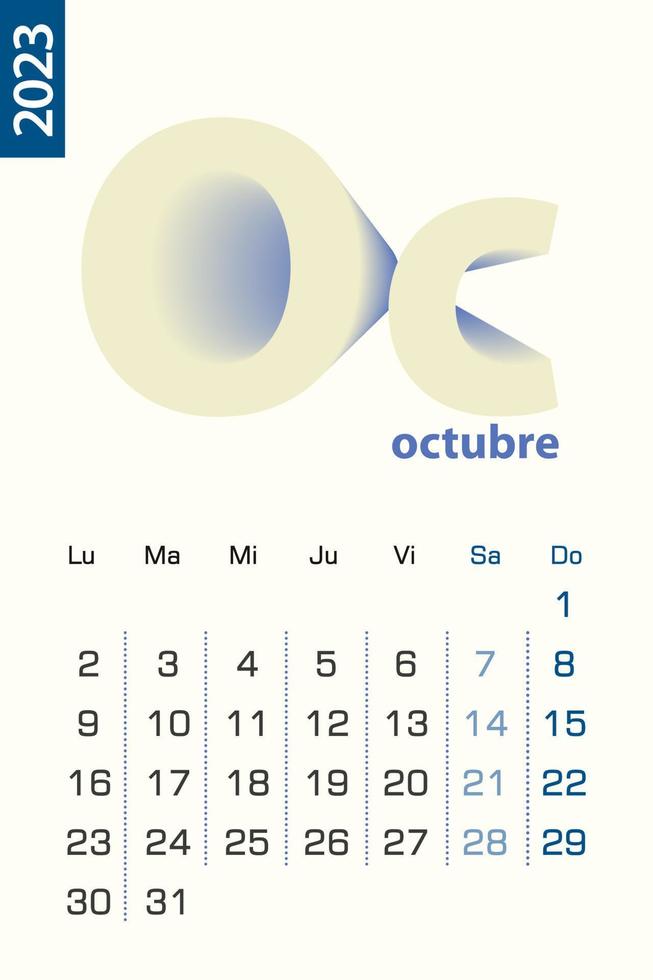 minimalistisk kalender mall för oktober 2023, vektor kalender i spanska språk.