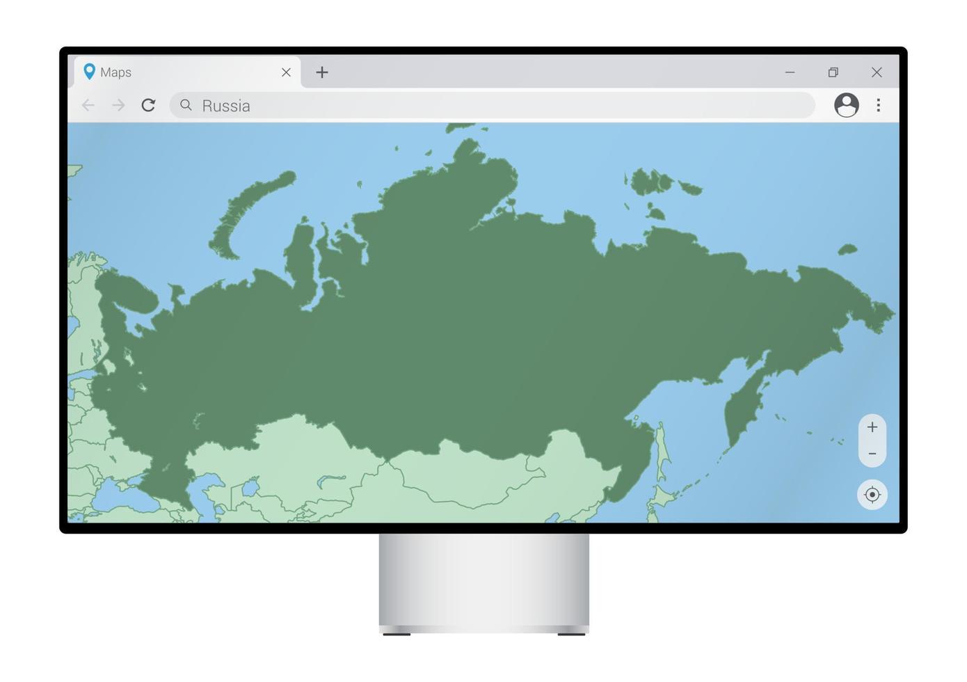 computermonitor mit karte von russland im browser, suche nach dem land russland im web-mapping-programm. vektor