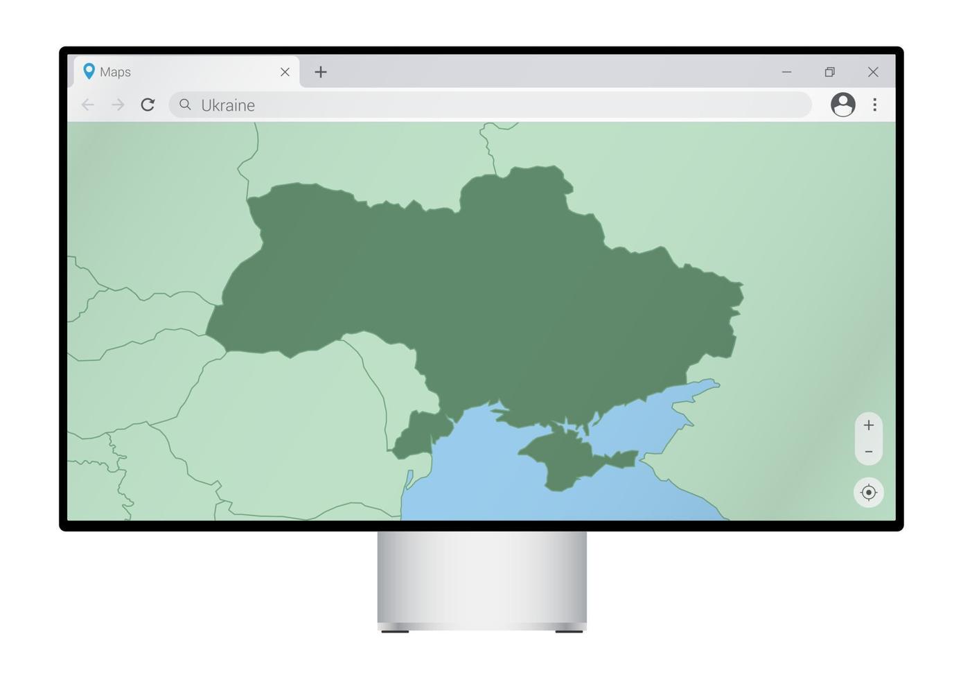 computermonitor mit ukrainekarte im browser, suche im web-mapping-programm nach dem land der ukraine. vektor