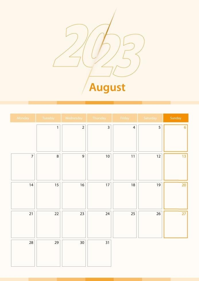 modern vektor vertikal kalender ark för augusti 2023, planerare i engelsk.