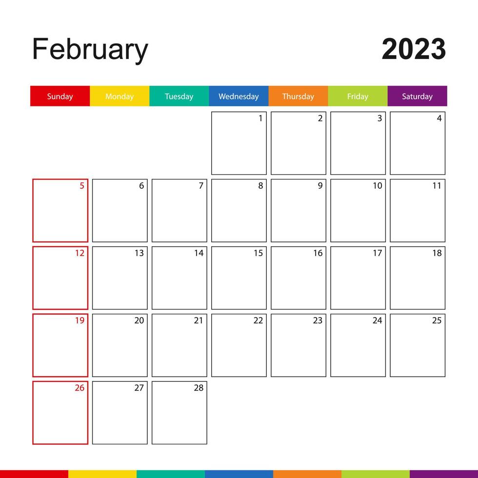 Februar 2023 bunter Wandkalender, Woche beginnt am Sonntag. vektor