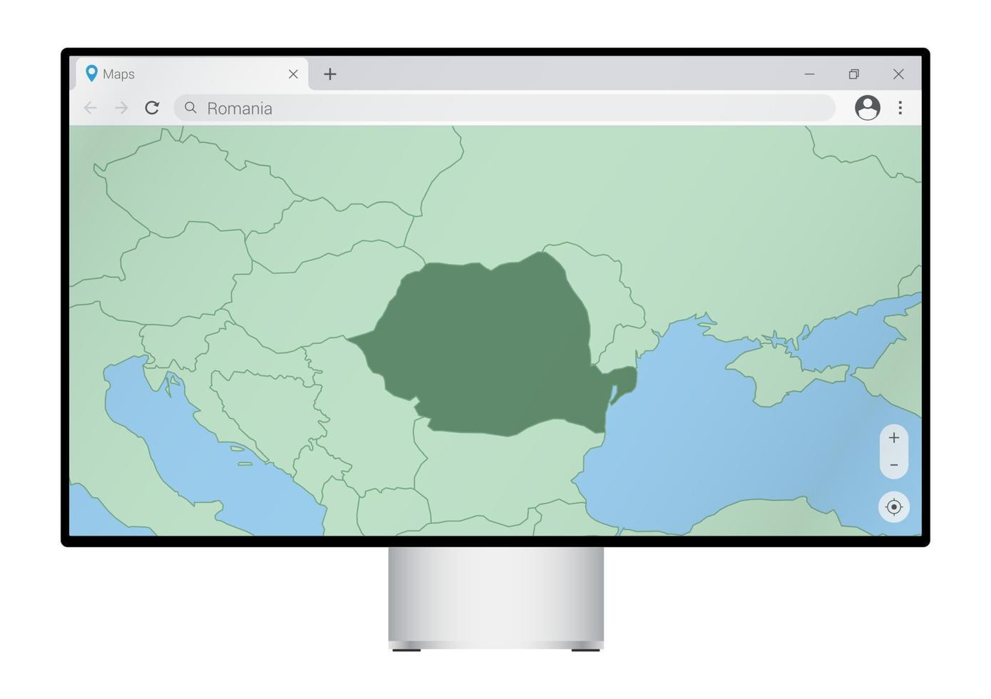 computermonitor mit karte von rumänien im browser, suchen sie im web-mapping-programm nach dem land rumänien. vektor