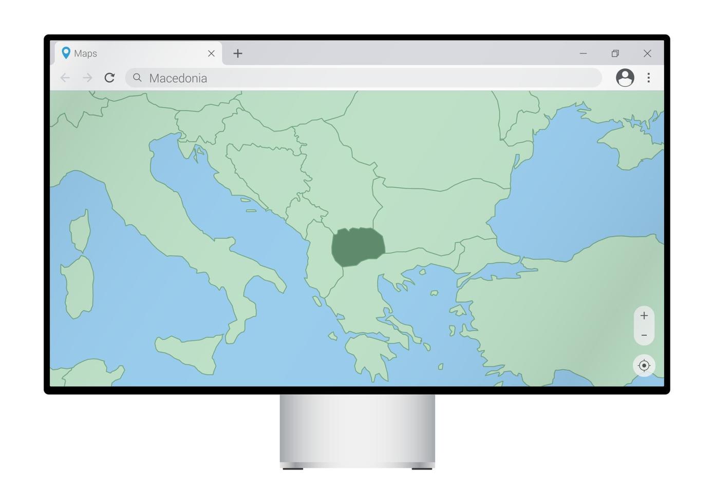 Computermonitor mit Karte von Mazedonien im Browser, suchen Sie im Web-Mapping-Programm nach dem Land Mazedonien. vektor