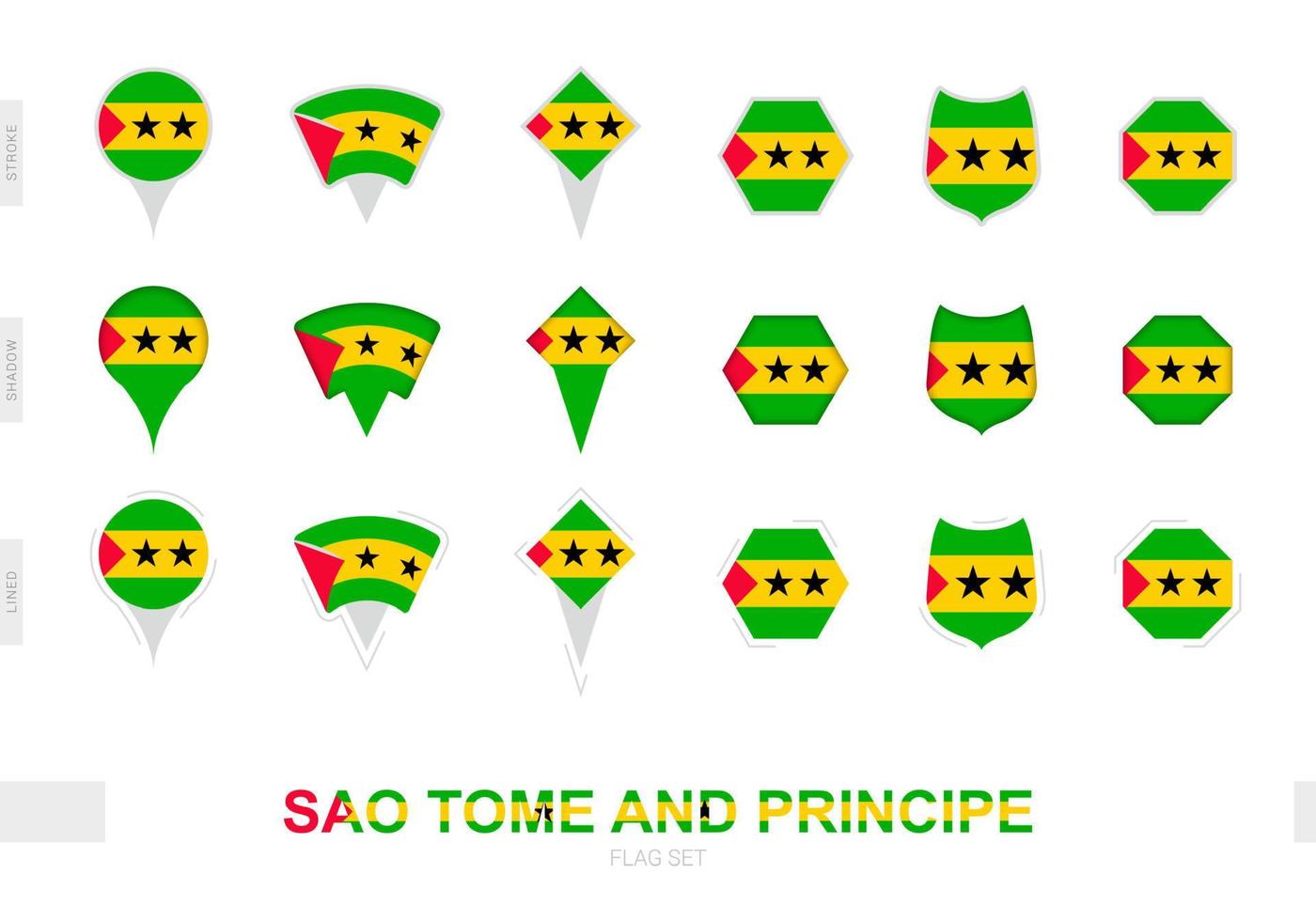 Sammlung der Flagge von Sao Tome und Principe in verschiedenen Formen und mit drei verschiedenen Effekten. vektor