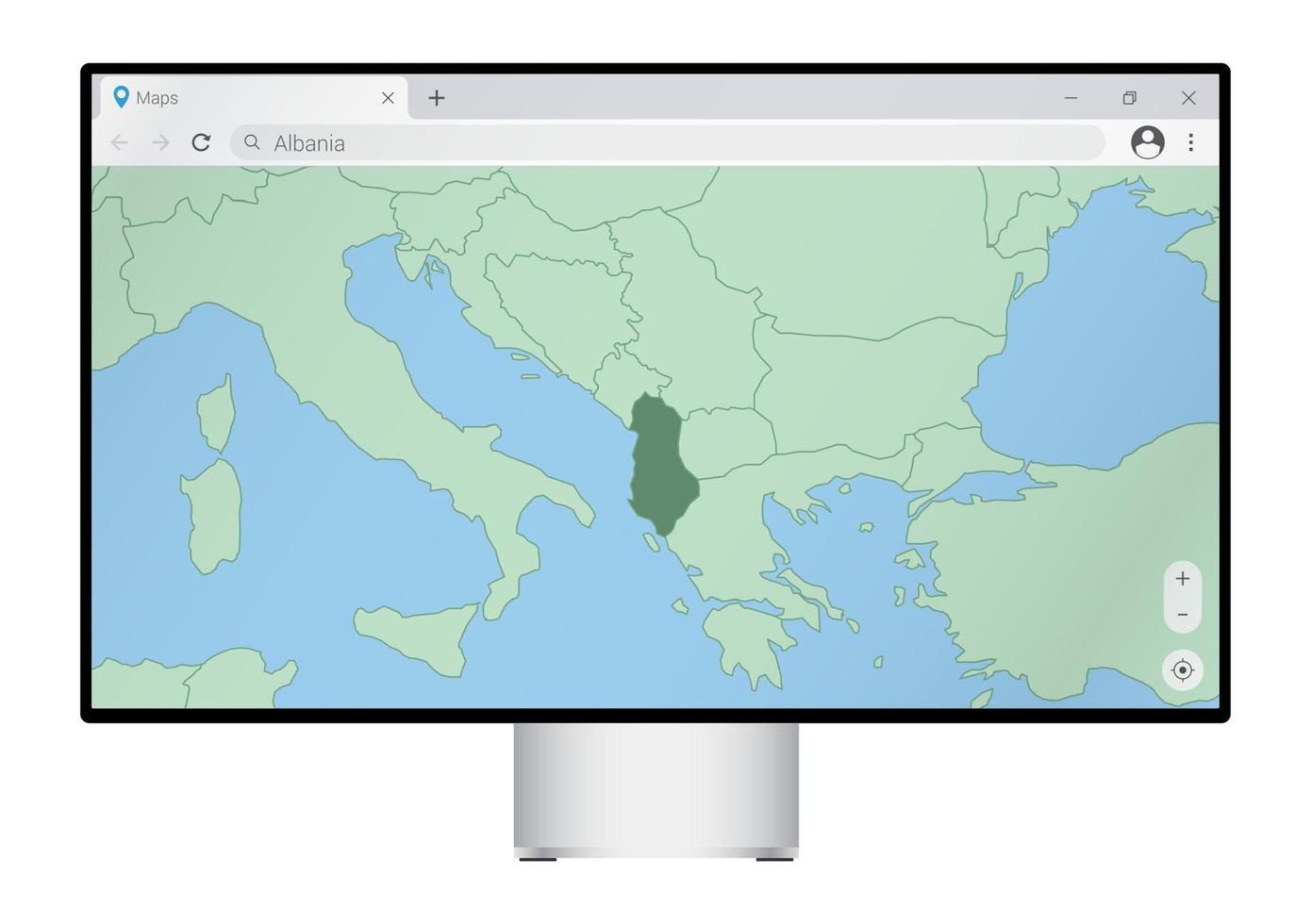 computermonitor mit karte von albanien im browser, suchen sie im web-mapping-programm nach dem land albanien. vektor
