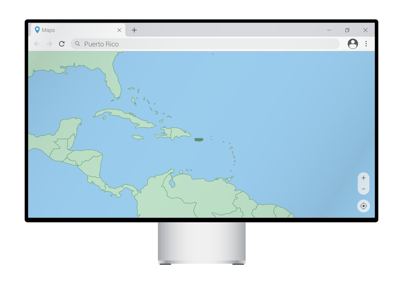 computermonitor mit karte von puerto rico im browser, suchen sie im web-mapping-programm nach dem land von puerto rico. vektor