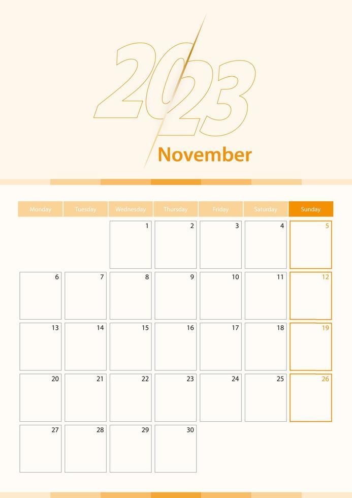 modernes vertikales Kalenderblatt für November 2023, Planer in englischer Sprache. vektor