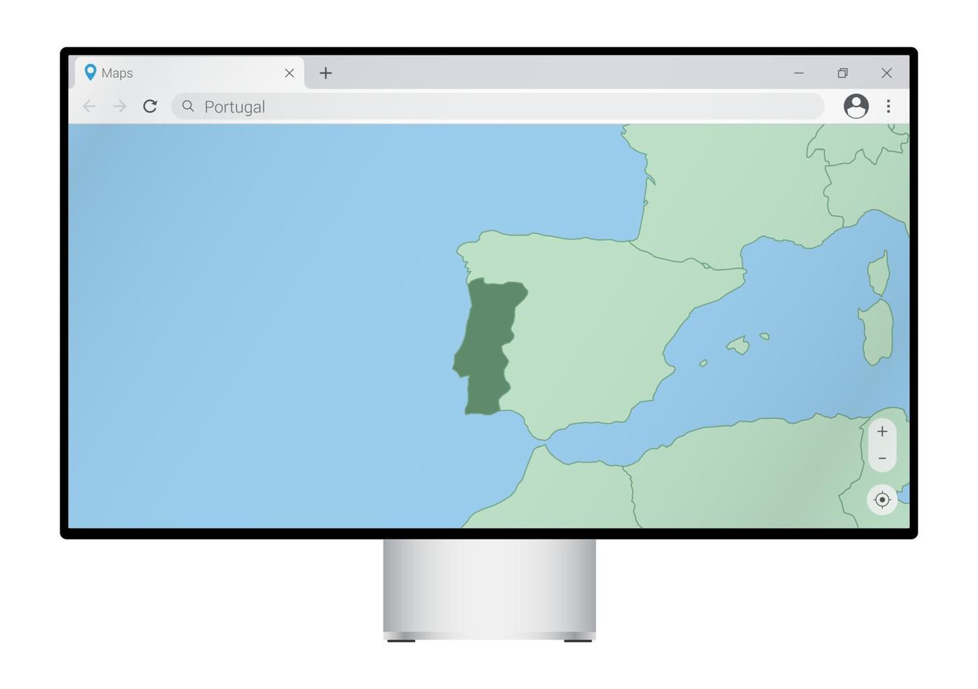 dator övervaka med Karta av portugal i webbläsare, Sök för de Land av portugal på de webb kartläggning program. vektor