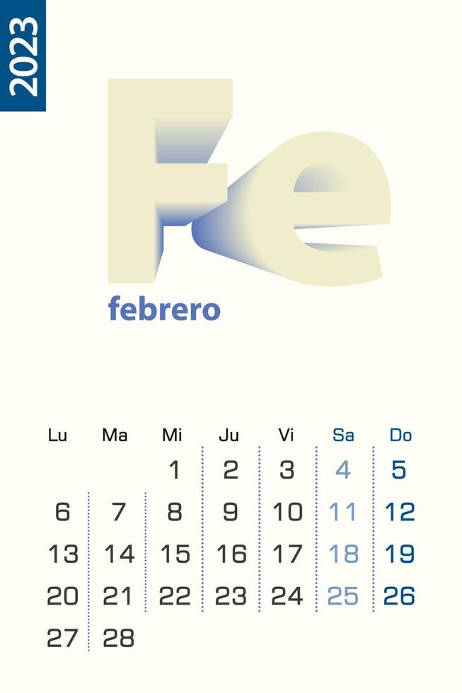 minimalistisk kalender mall för februari 2023, vektor kalender i spanska språk.