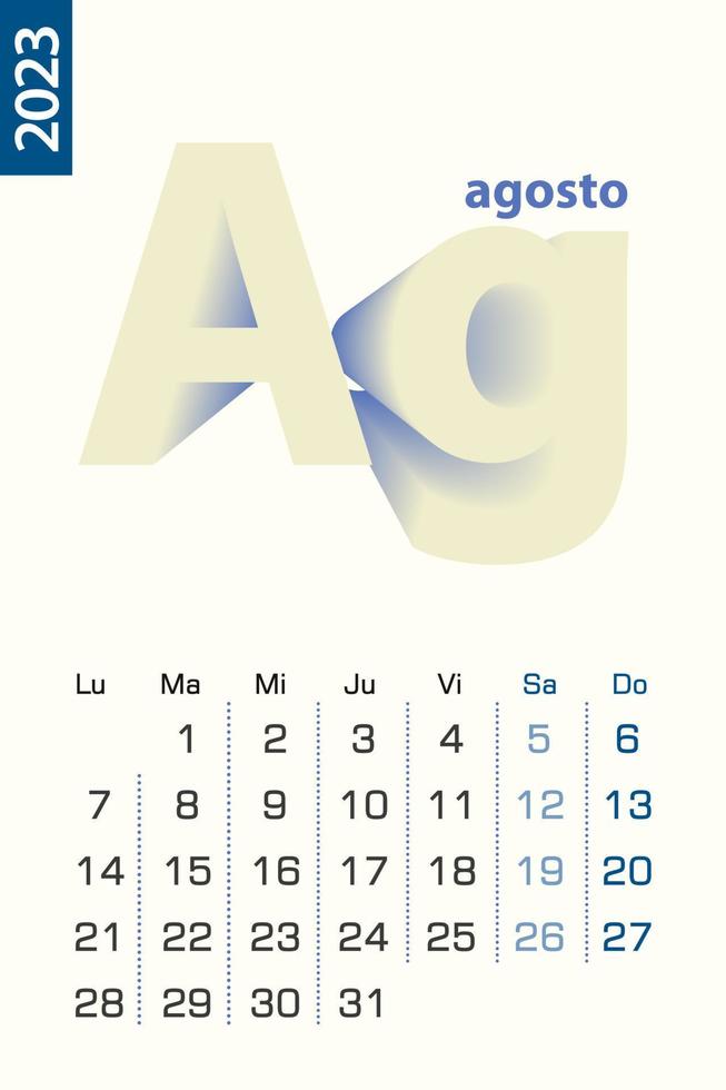 minimalistisk kalender mall för augusti 2023, vektor kalender i spanska språk.