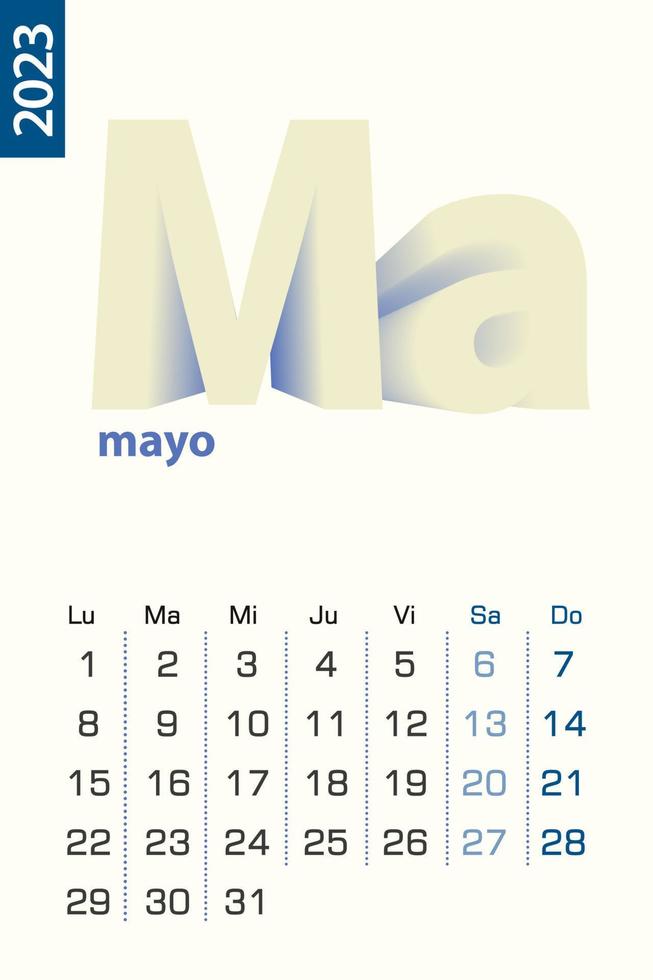 minimalistisk kalender mall för Maj 2023, vektor kalender i spanska språk.