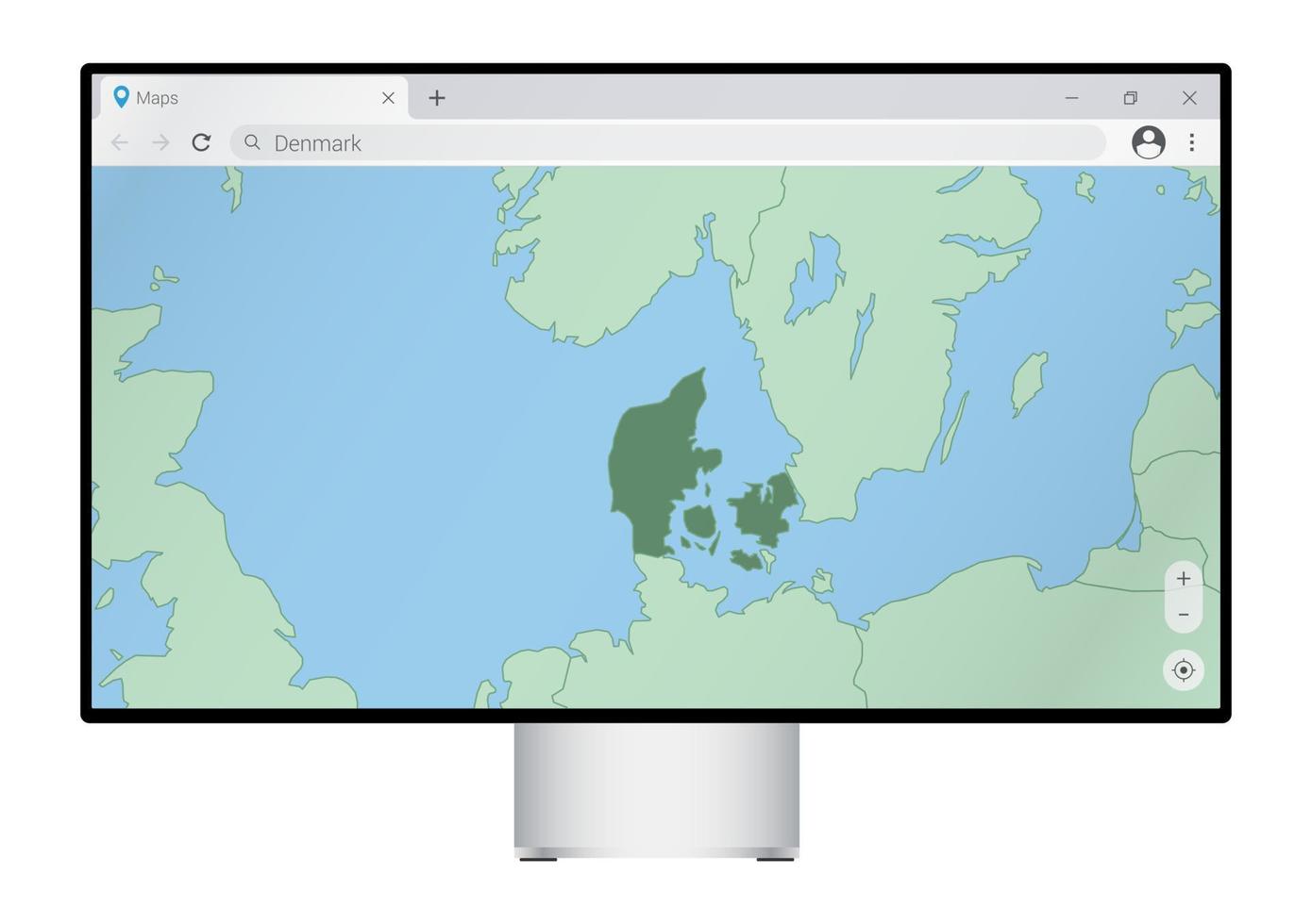 computermonitor mit karte von dänemark im browser, suchen sie im web-mapping-programm nach dem land von dänemark. vektor