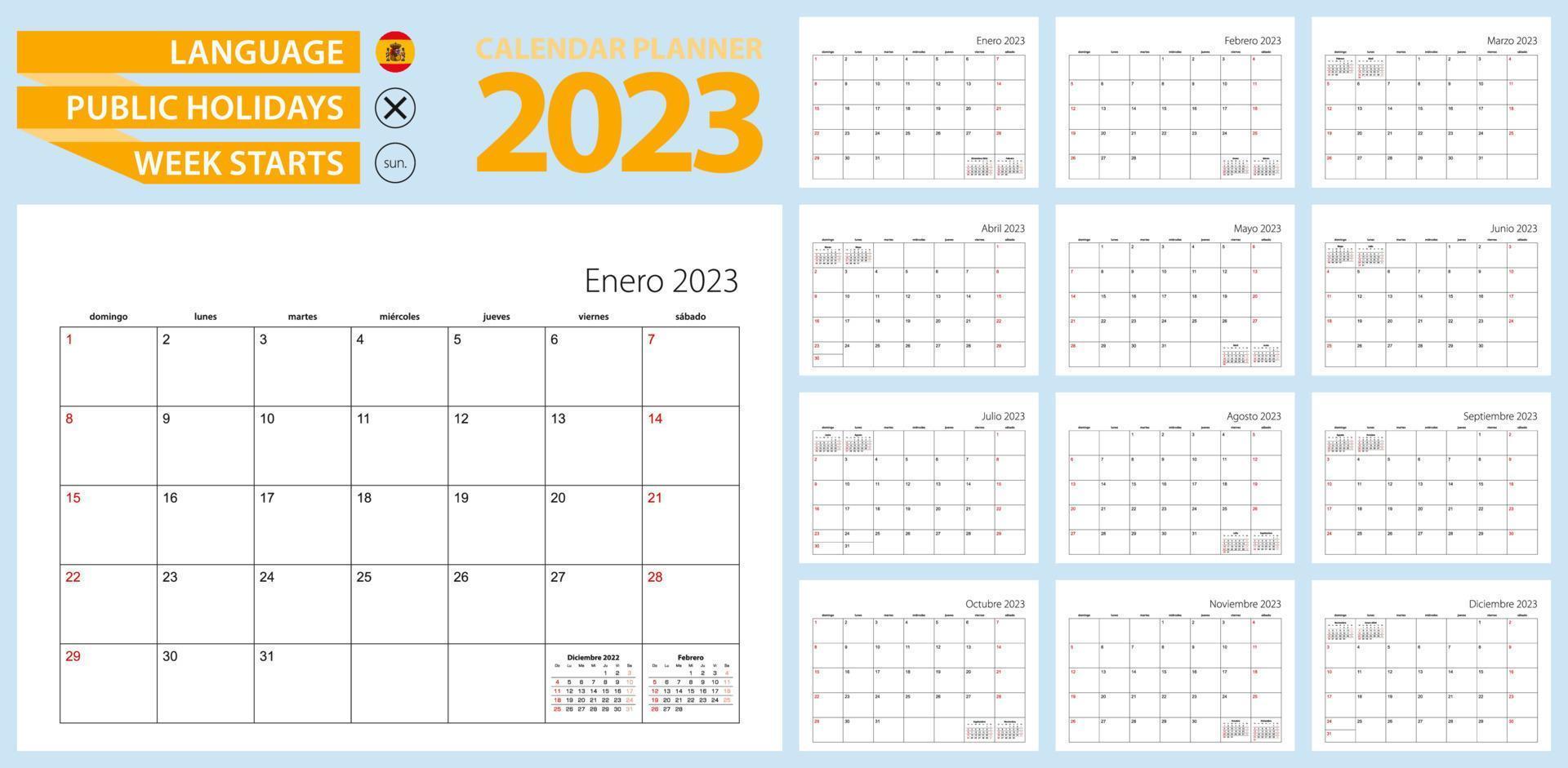 Spanischer Kalenderplaner für 2023. Spanische Sprache, Woche beginnt am Sonntag. vektor
