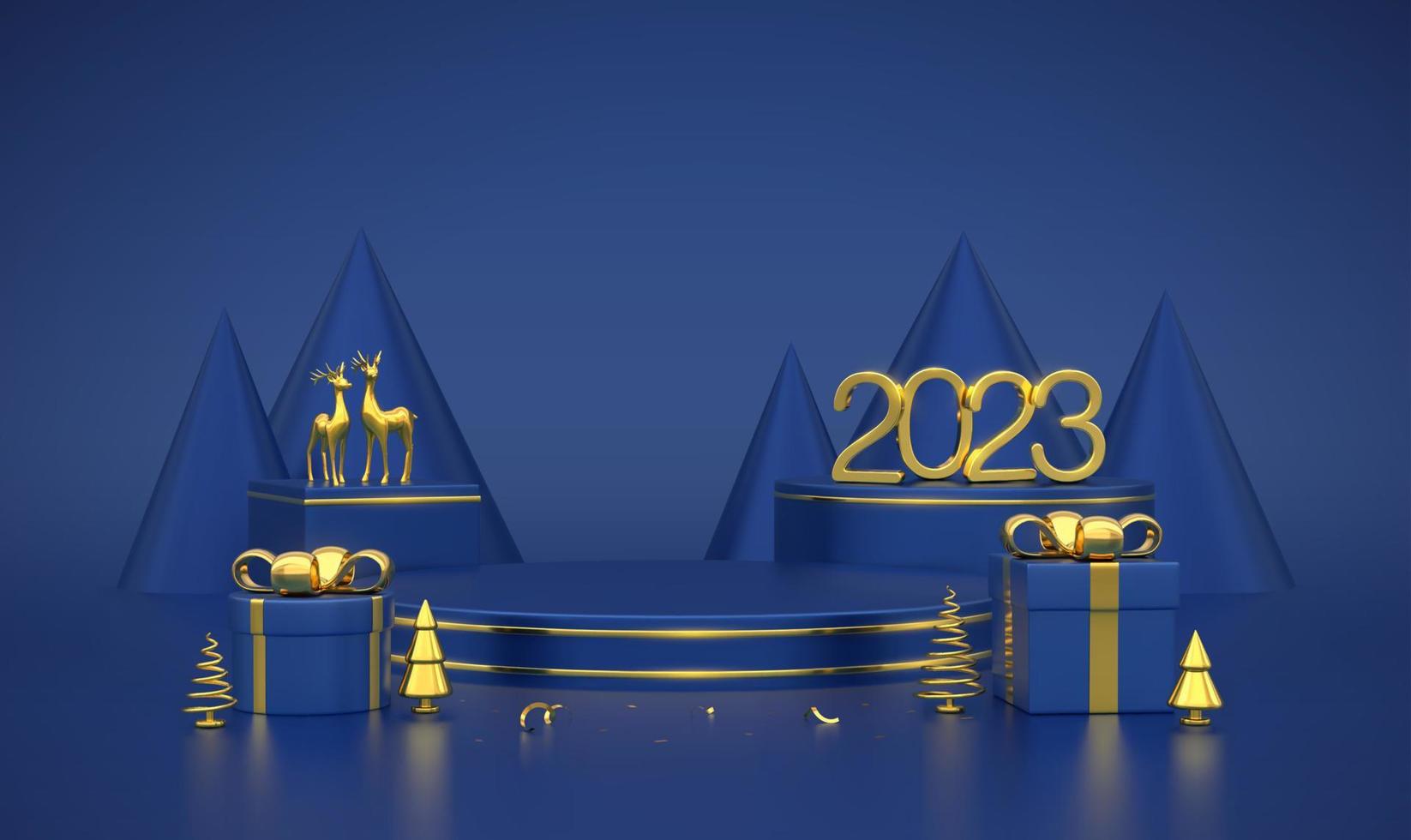 Frohes neues Jahr 2023. 3D-goldene Metallic-Nummern 2023 auf blauem Bühnenpodest. szene, runde und würfelplattform mit geschenkboxen, realistischen goldenen hirschen, metallischen kiefernfichten auf blauem hintergrund. Vektor