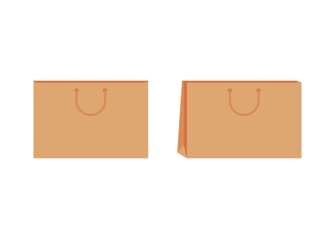 papper väska med hantera mall av handla. brun hantverk papper packa för gåva, mat, Artikel. ta bort, leverans service i eco väska. prototyper främre och halv sväng. vektor illustration