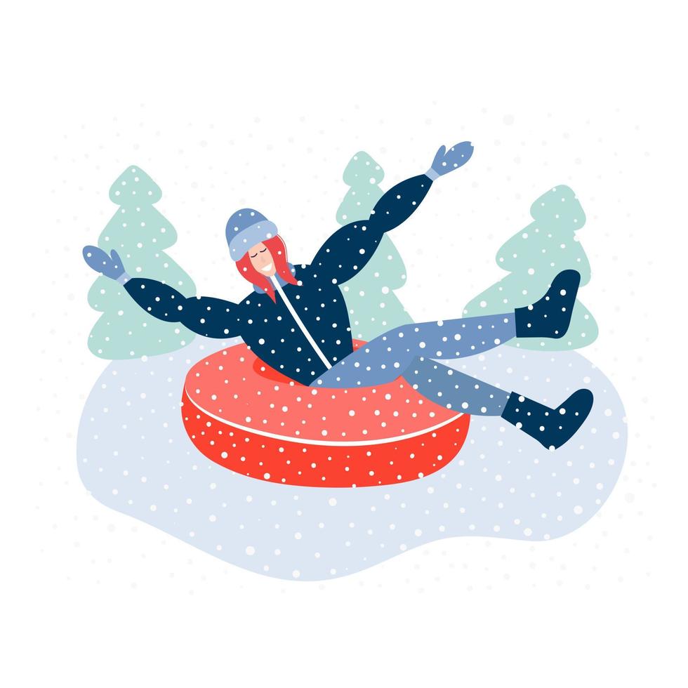 glückliche Frau, die auf Snowtubing-Donut reitet. Fröhliche Frau, die auf der Schneeröhre herunterrutscht und die Hände hebt. Vektorvorratillustration vektor