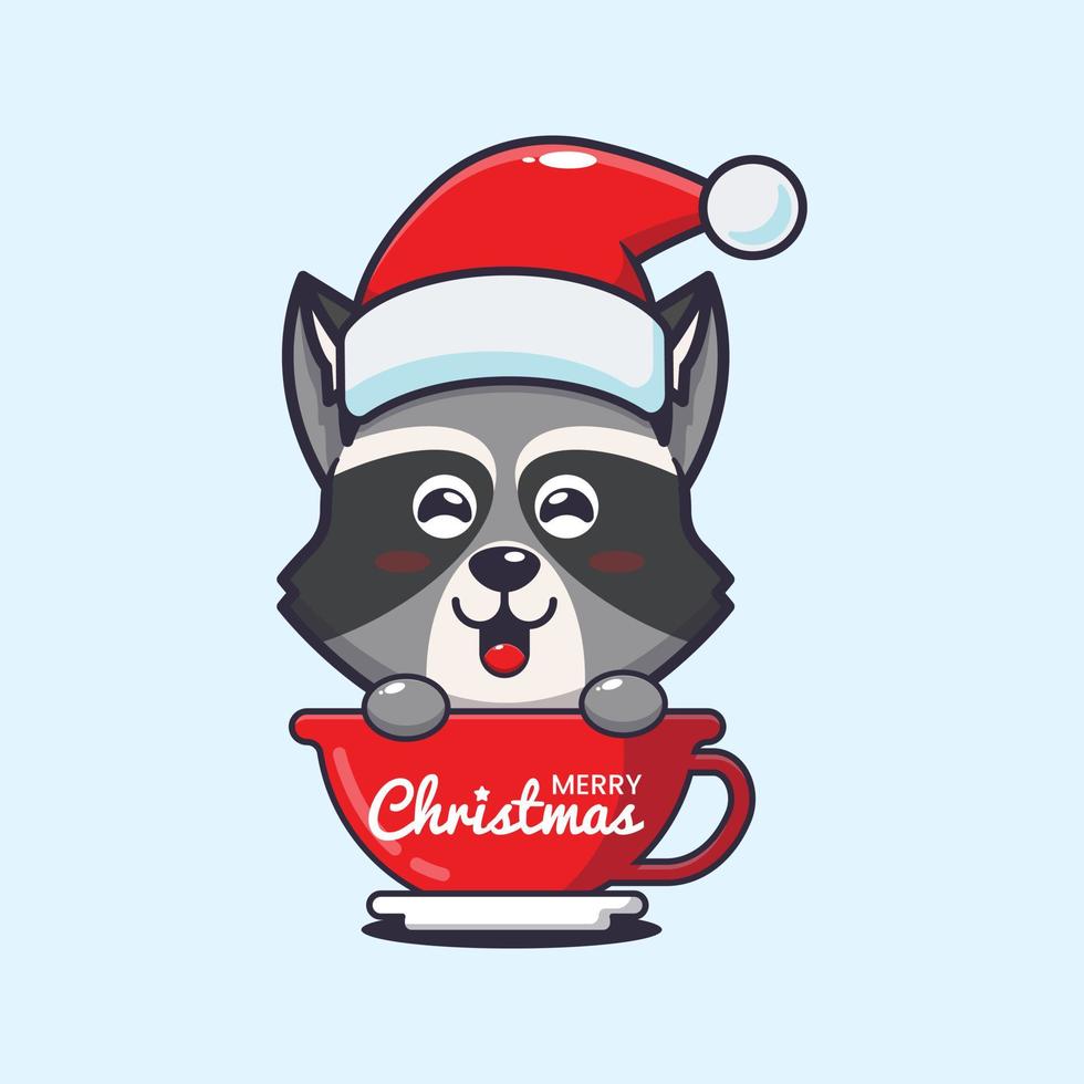 söt tvättbjörn bär santa hatt i kopp. söt jul tecknad serie illustration. vektor
