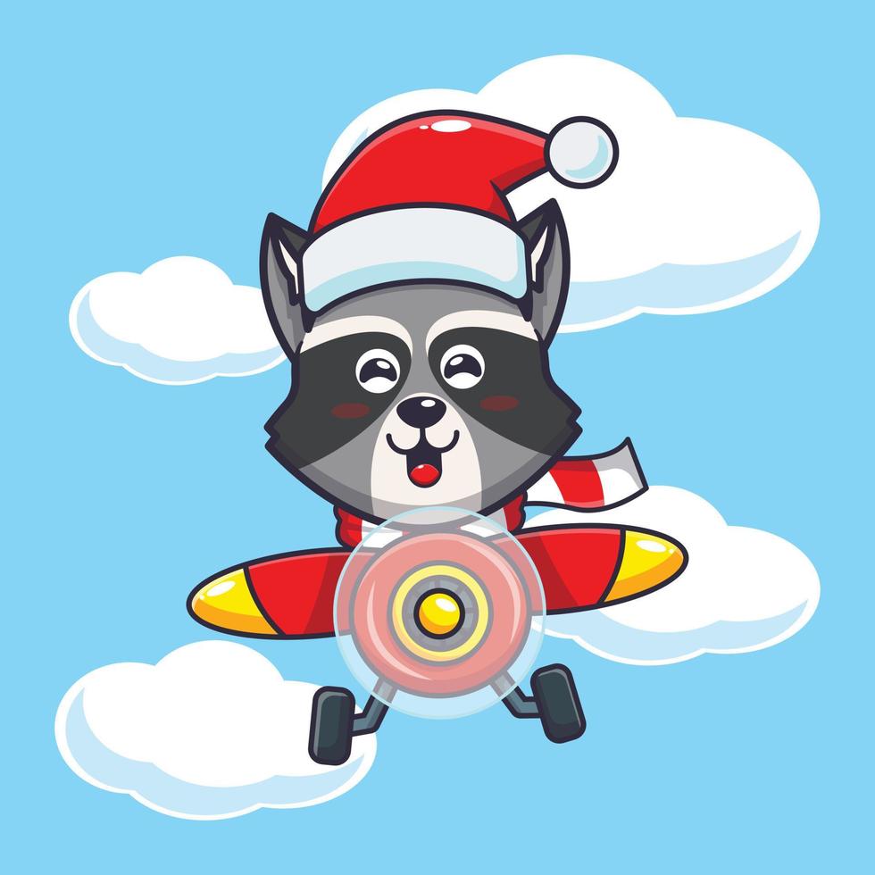 süßer waschbär mit weihnachtsmütze, der mit dem flugzeug fliegt. nette weihnachtskarikaturillustration. vektor