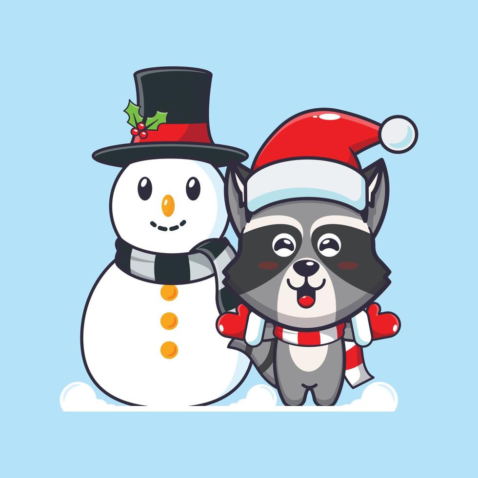 süßer waschbär, der mit schneemann spielt. nette weihnachtskarikaturillustration. vektor