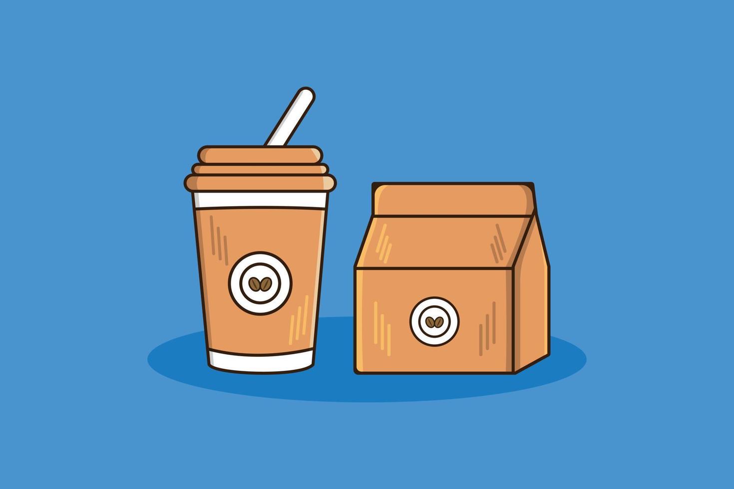 leverans kaffe papper väska med varm kaffe kopp vektor ikon illustration. mat och dryck objekt ikon design begrepp. Lycklig frukost, dryck objekt, varm kaffe, kaffe leverans, bönor ikon, papper väska.