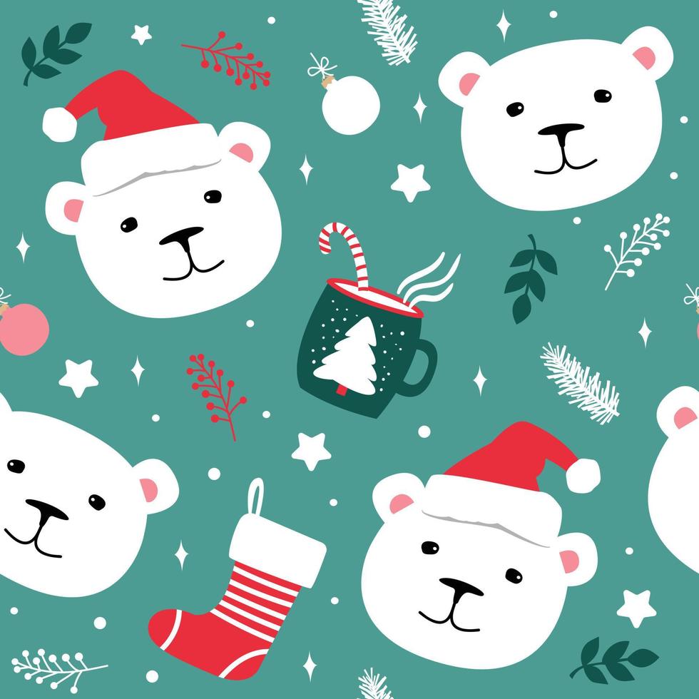 grön sömlös mönster av polär björnar och jul element. söt vektor illustration för barn.