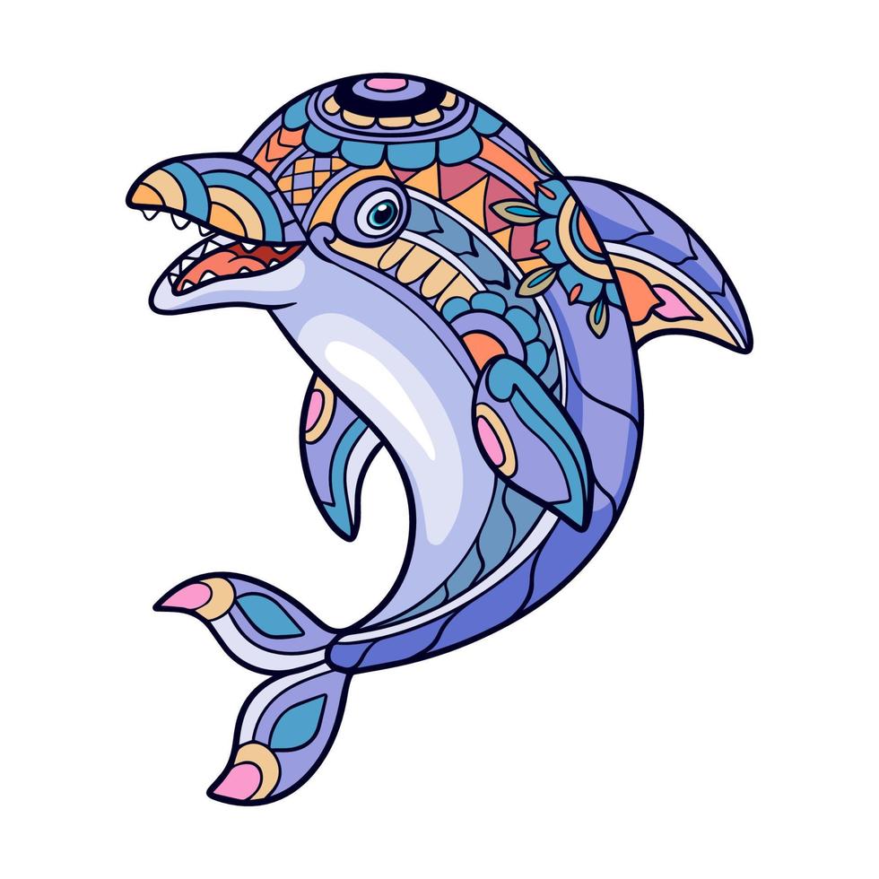 bunte Delphin-Cartoon-Mandala-Kunst isoliert auf weißem Hintergrund vektor