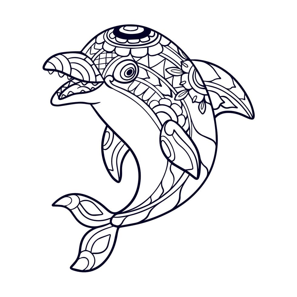 Delphin-Cartoon-Mandala-Kunst isoliert auf weißem Hintergrund vektor