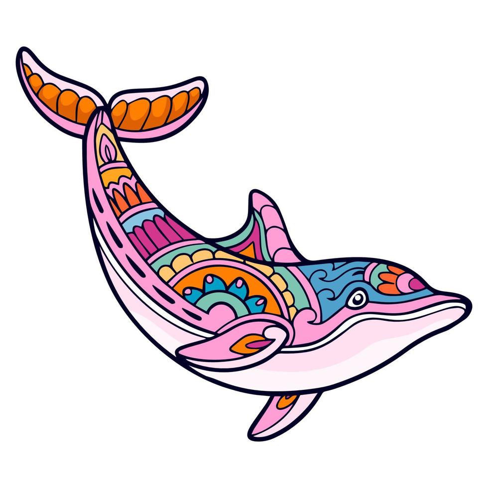 bunte Delphin-Cartoon-Mandala-Kunst isoliert auf weißem Hintergrund vektor