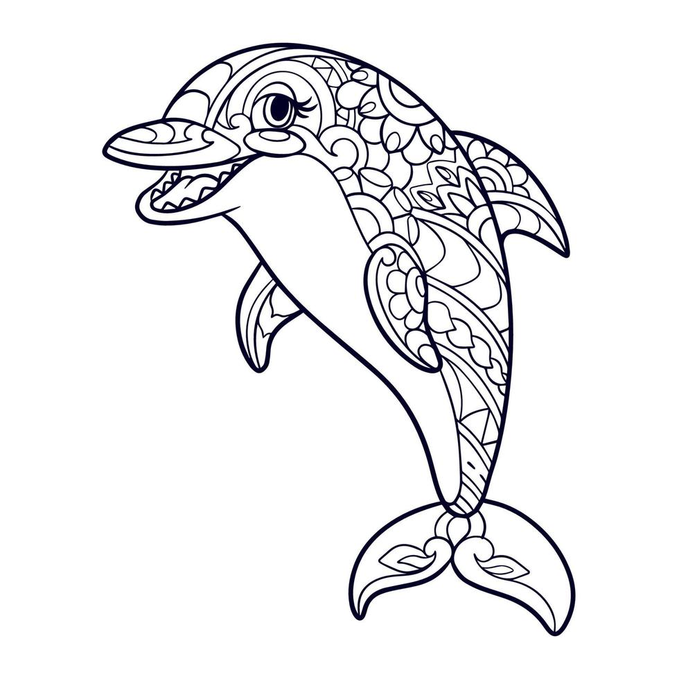 delfin tecknad serie mandala konst isolerat på vit bakgrund vektor
