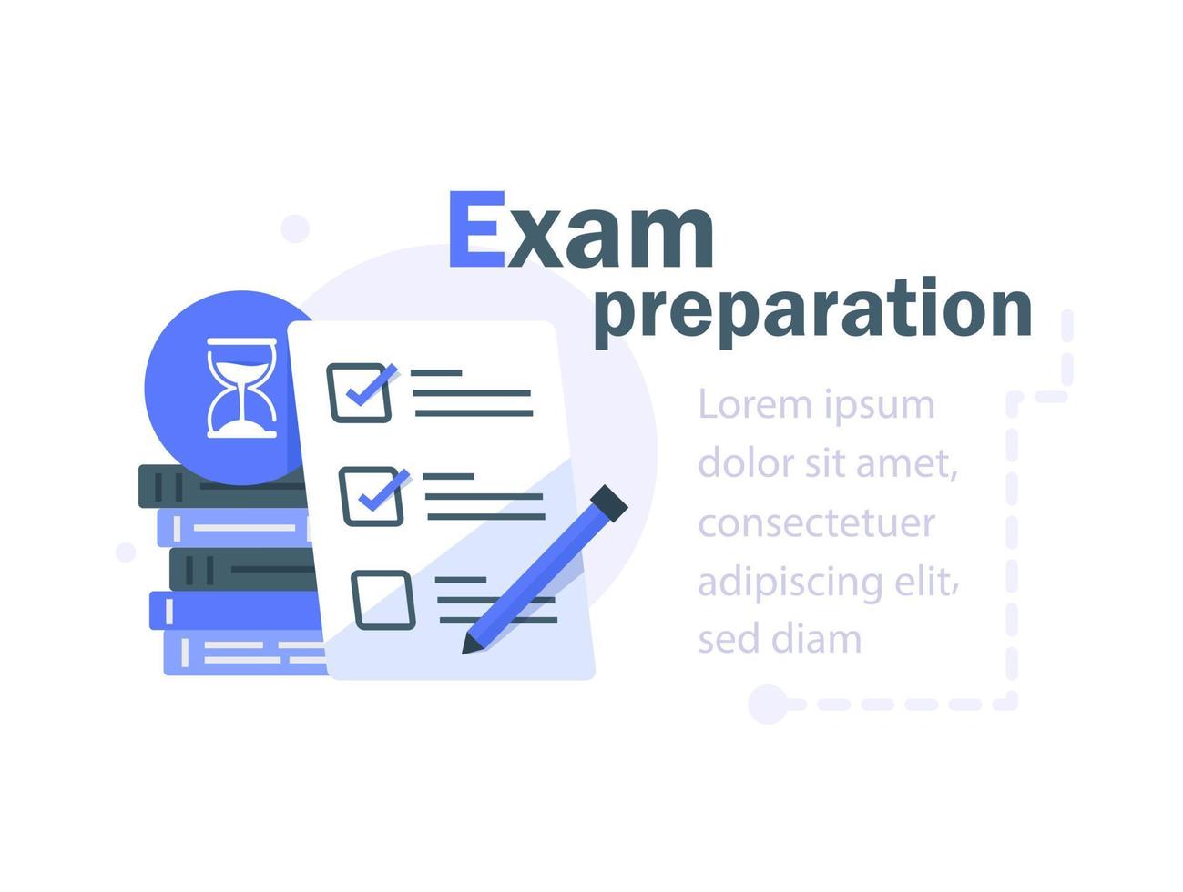 examen förberedelser, checklista och timglas, välja svar, frågeformulär form, skola testa, undersökning begrepp vektor