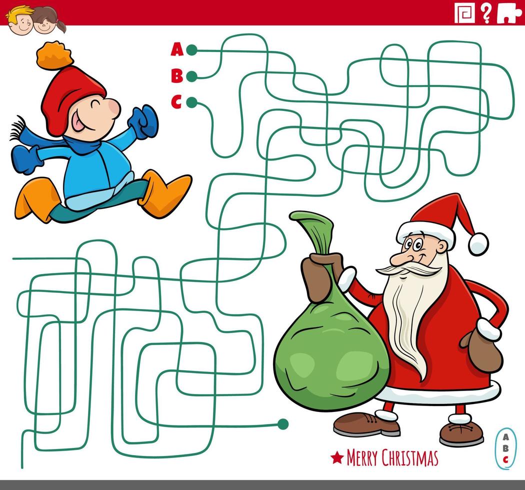 labyrint med tecknad serie santa claus med säck av gåvor och liten pojke vektor