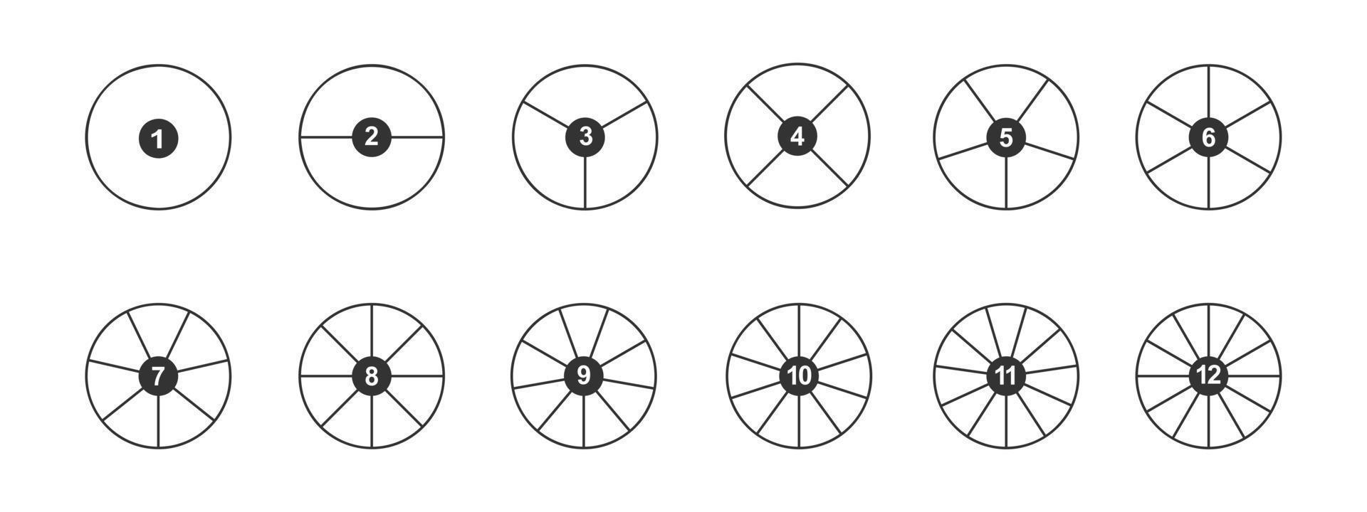 cirklar dividerat i segment med tal från 1 till 12. översikt runda former skära i likvärdig delar. enkel grafisk paj eller munk Diagram exempel vektor