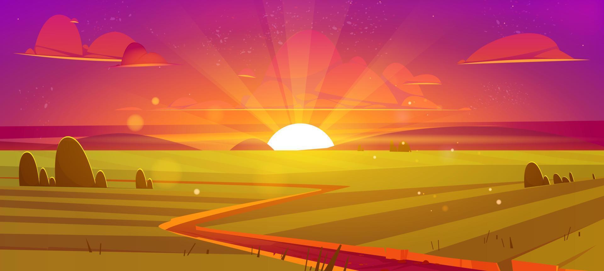 Ländliche Landschaft mit landwirtschaftlichen Feldern bei Sonnenuntergang vektor