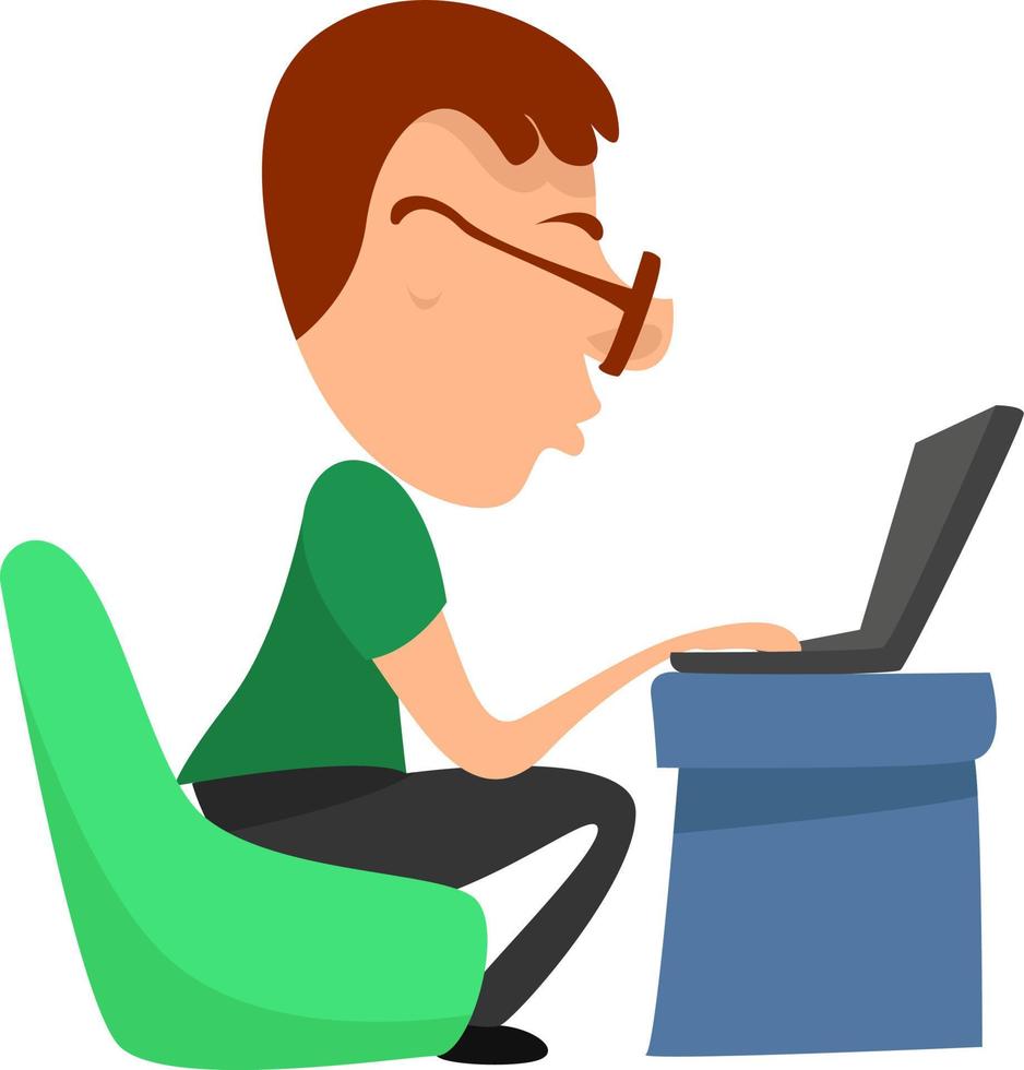 Mann schreibt auf Laptop, Illustration, Vektor auf weißem Hintergrund