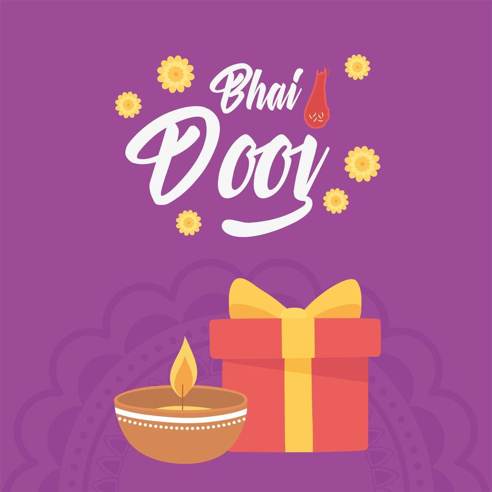 Happy Bhai Dooj, Diya Lampe Geschenk und Blumen vektor