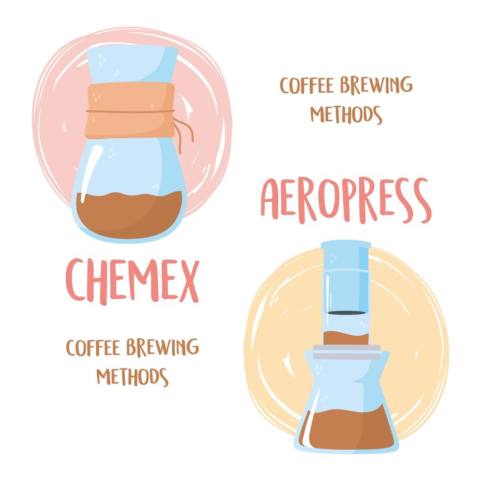 Kaffeezubereitungsmethoden. Chemex- und Aeropress-Prozesse vektor