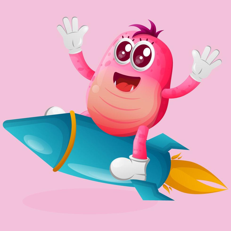 süßes rosa monster, das auf rakete fliegt vektor