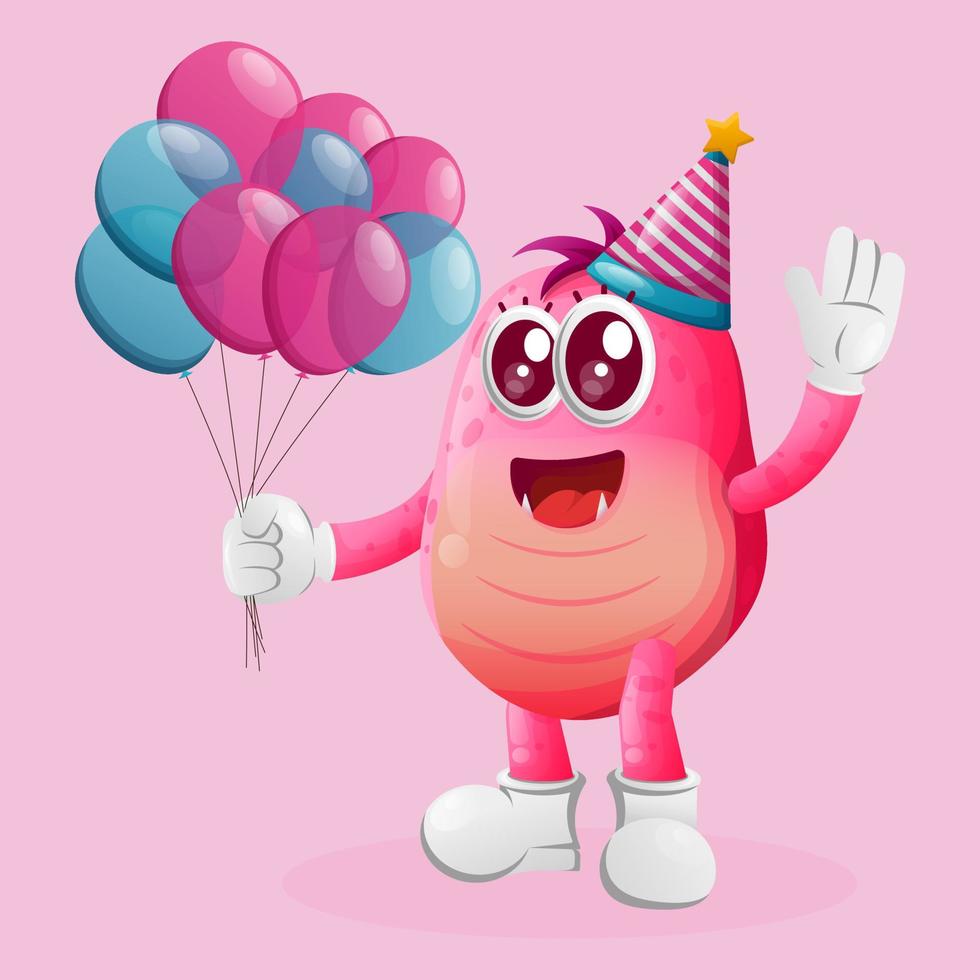 söt rosa monster bär en födelsedag hatt, innehav ballonger vektor