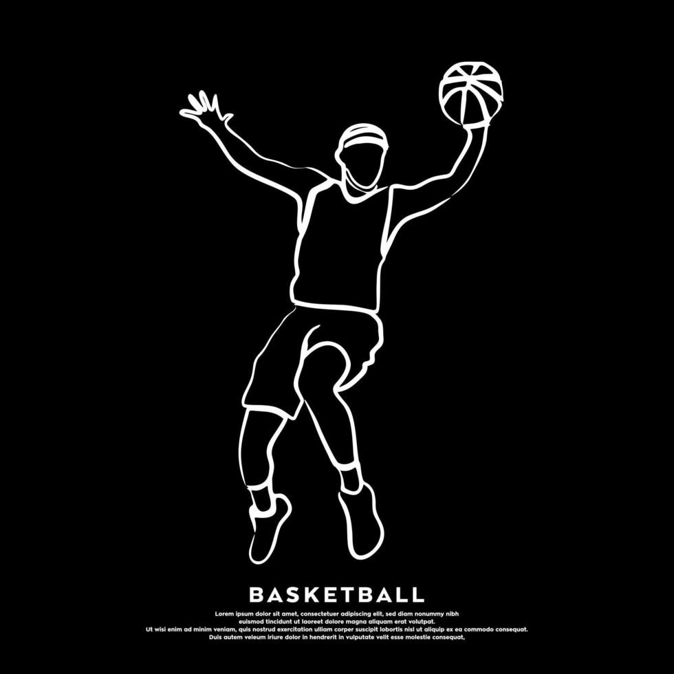 linje konst av professionell basketboll spelare Hoppar slam dunka en boll isolerat på svart bakgrund vektor