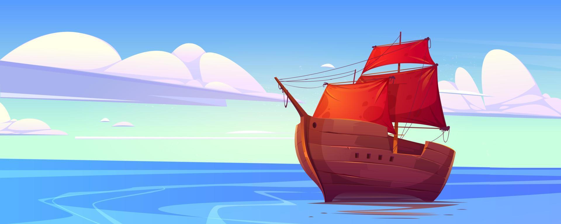 altes Holzschiff mit roten Segeln im Meer vektor
