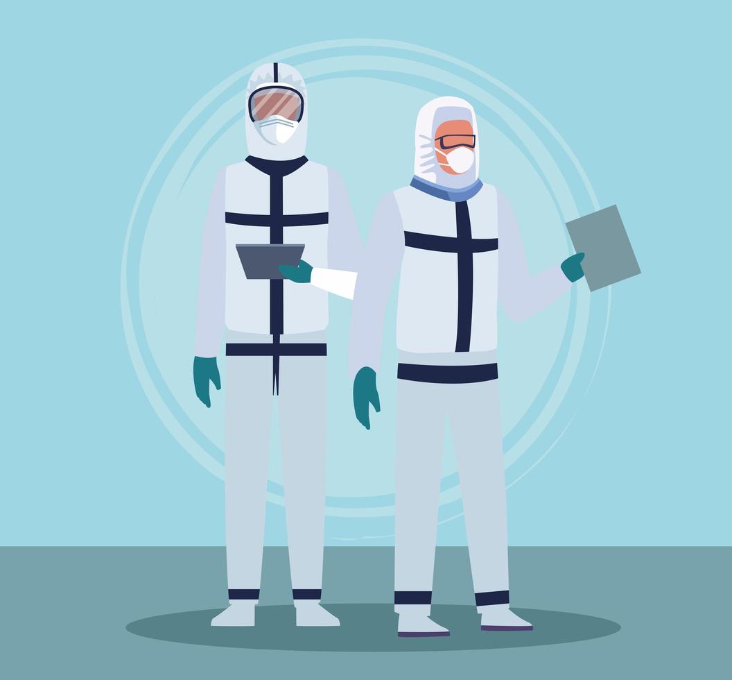 läkare som bär medicinska biofarliga kostymer vektor