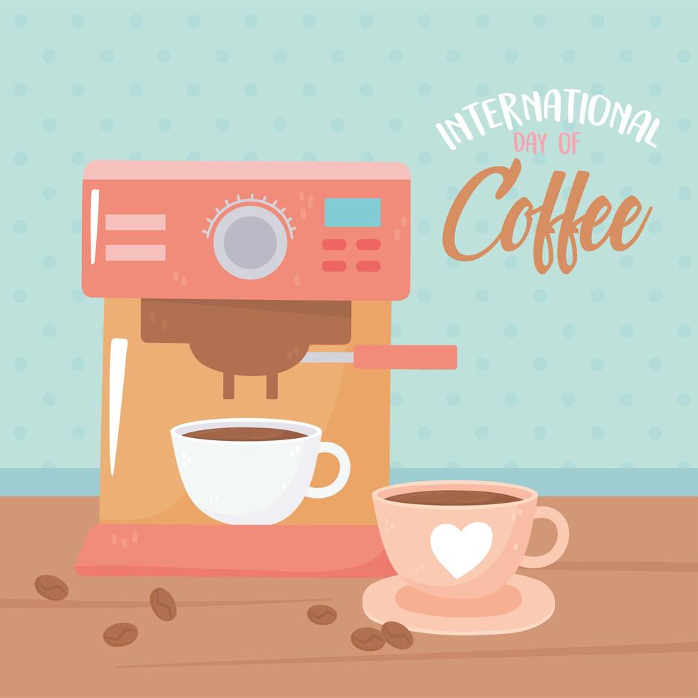 internationaler Kaffeetag. Maschine und Tassen mit Samen vektor