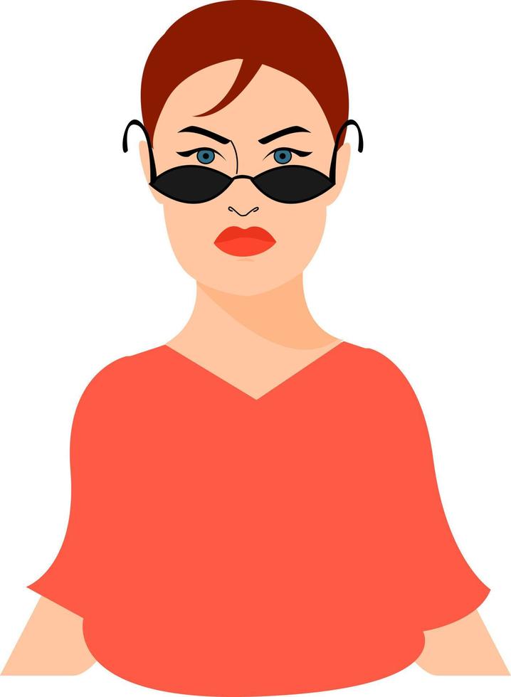 Frau mit Sonnenbrille, Illustration, Vektor auf weißem Hintergrund.