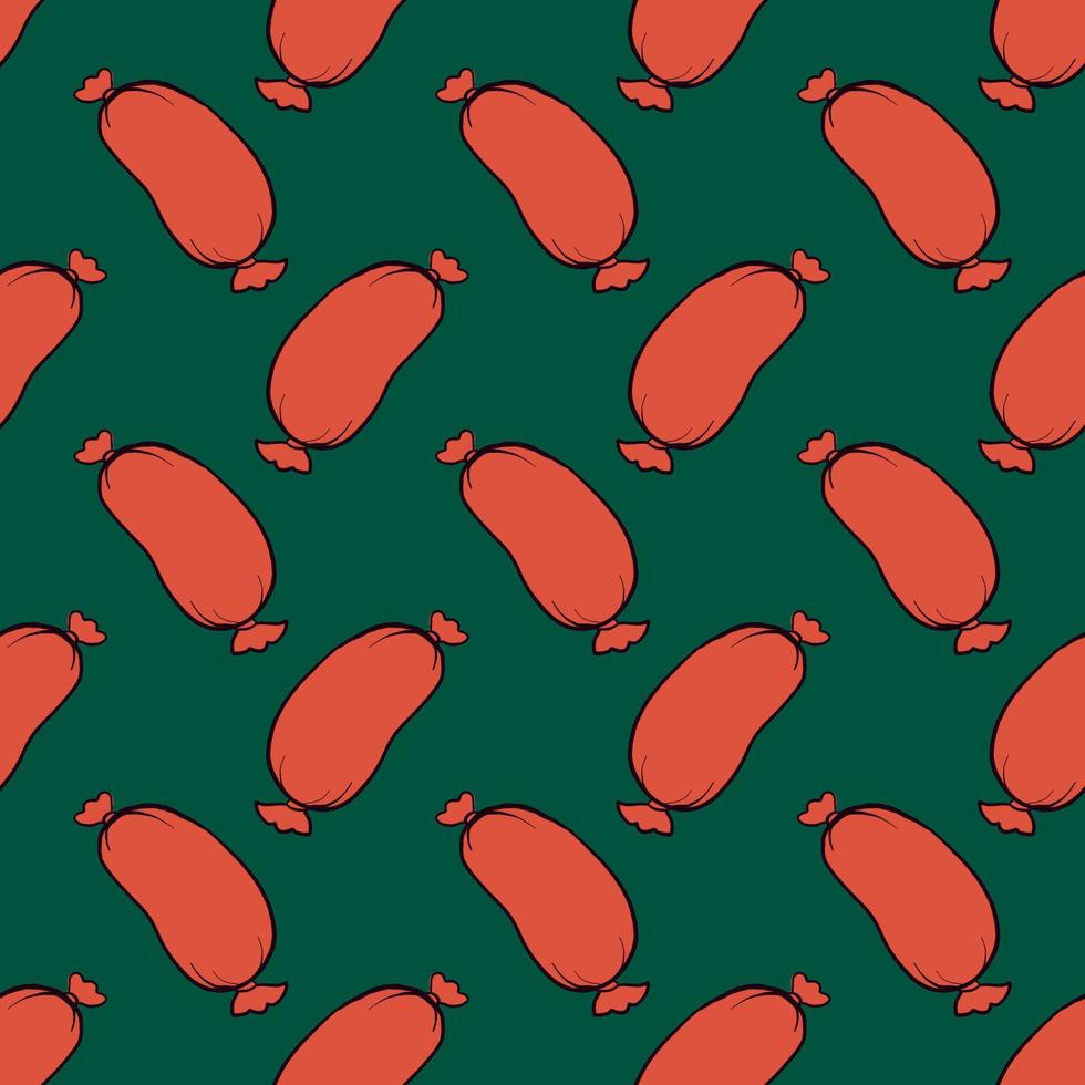 Rote Wurst, nahtloses Muster auf dunkelgrünem Hintergrund. vektor