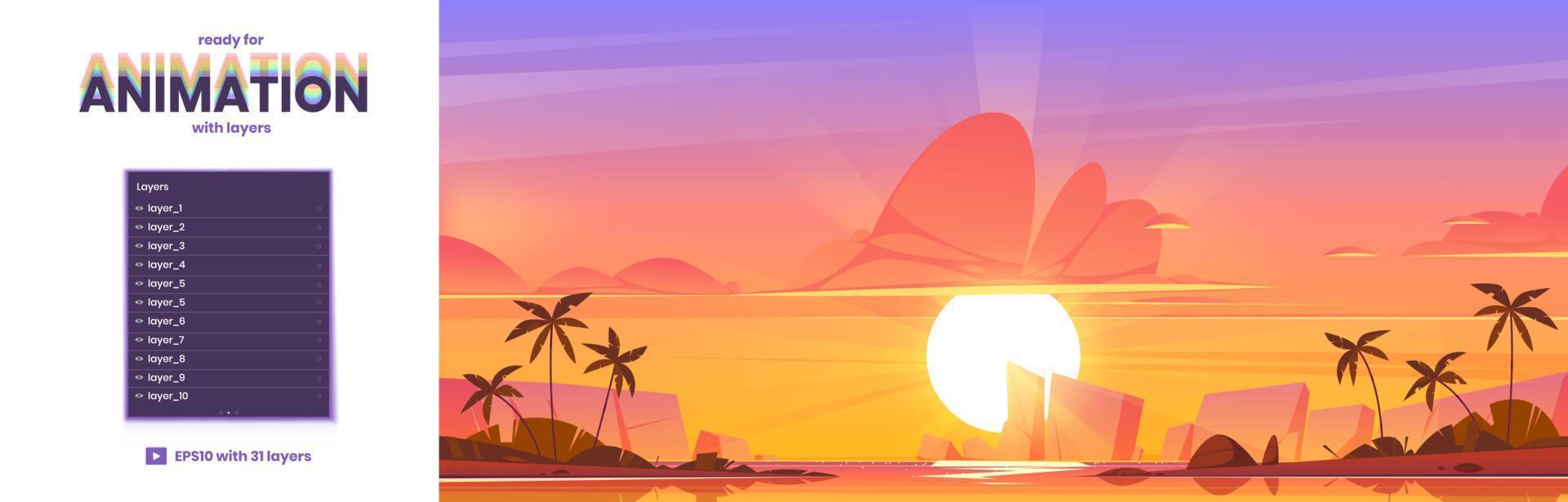 parallax bakgrund med hav landskap på solnedgång vektor