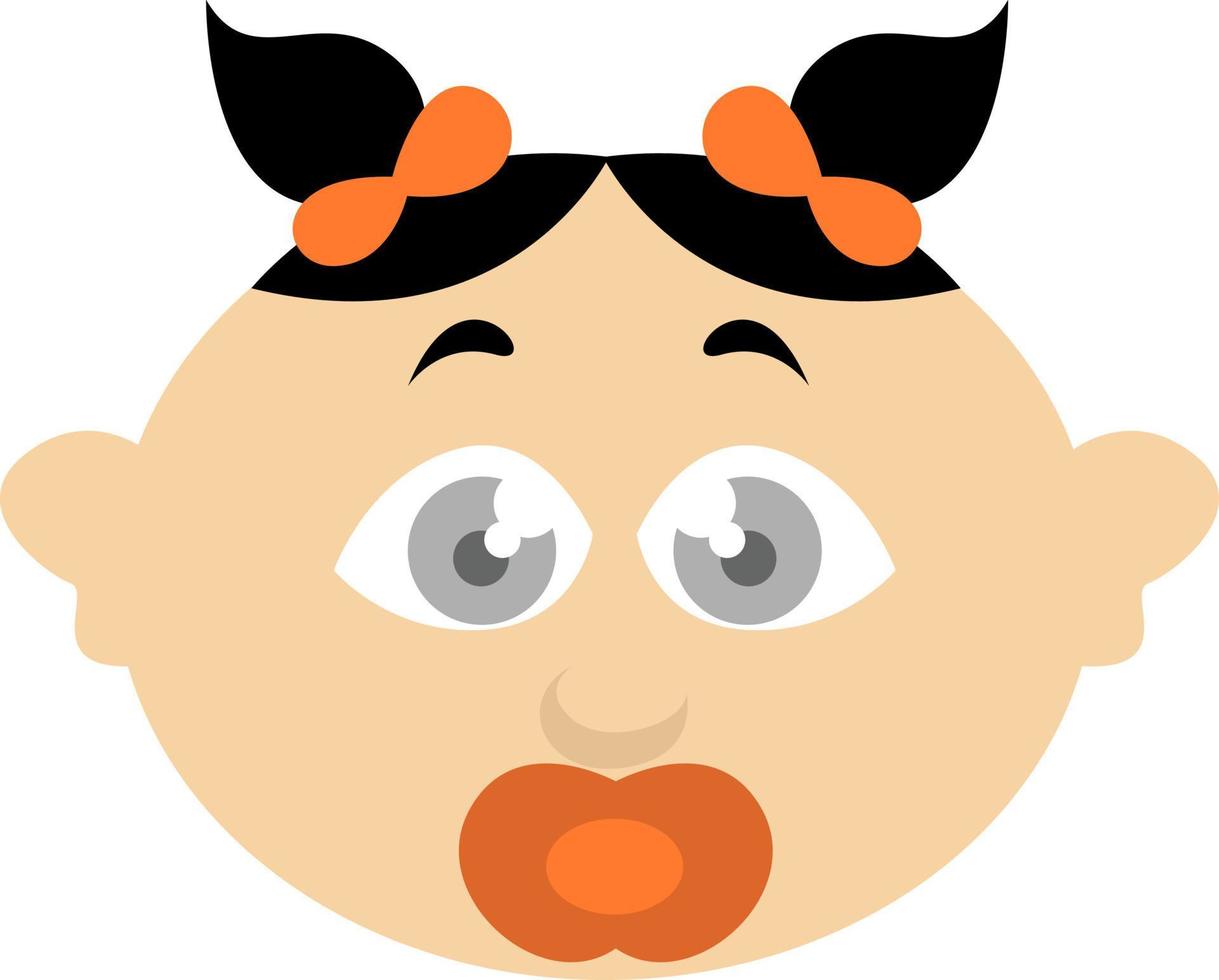 bebis flicka med pigtails och orange napp, illustration, på en vit bakgrund. vektor