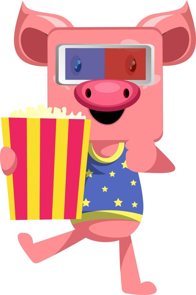 Schwein mit Popcorn, Illustration, Vektor auf weißem Hintergrund.